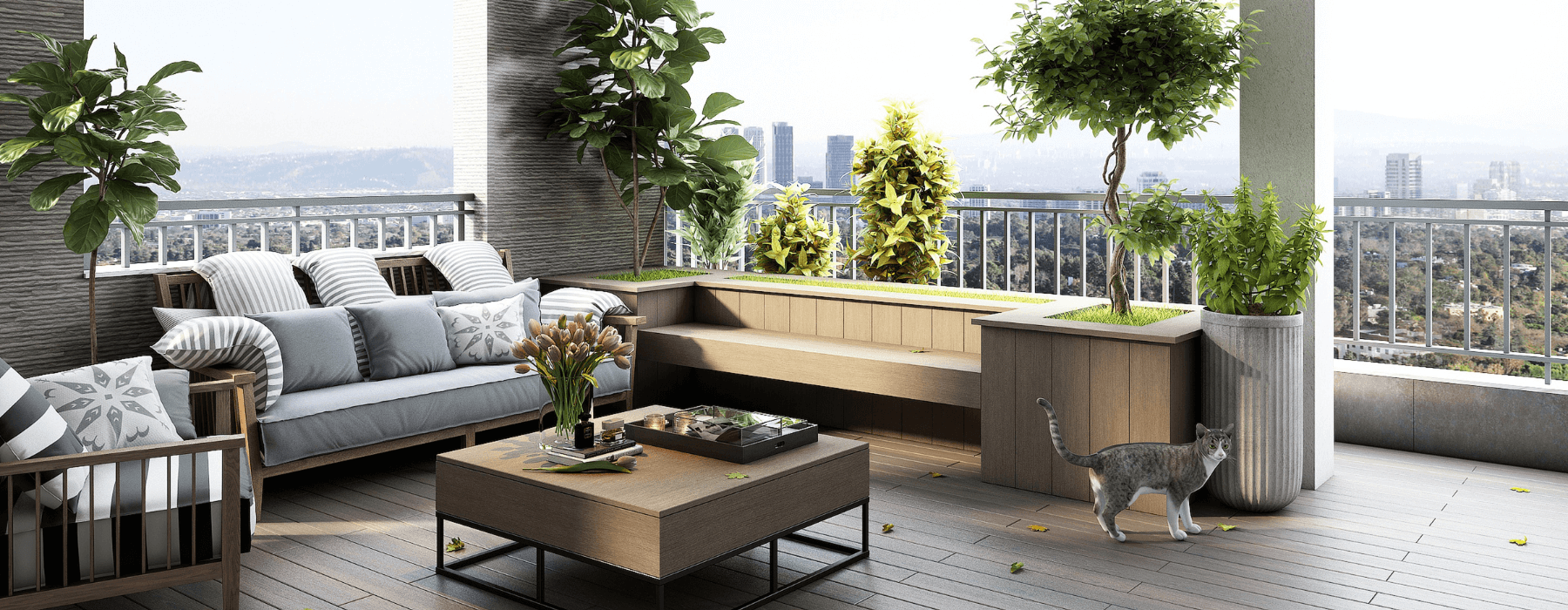 A modern apartment balcony with comfortable seating, plants, and a cat exploring the space.