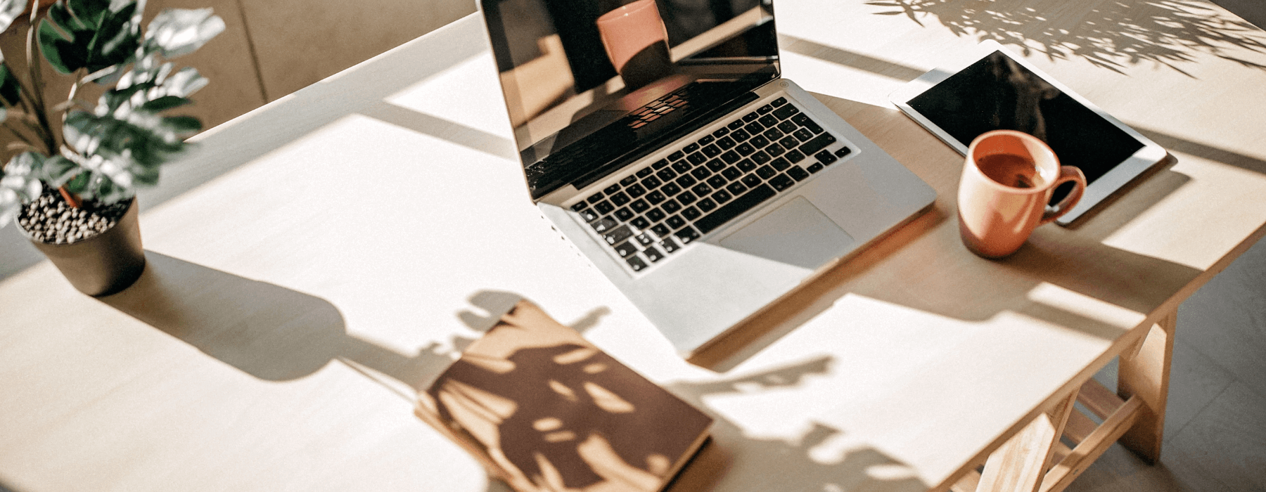 A minimalist work-from-home setup featuring a laptop, tablet, and coffee mug on a sunlit desk, with a potted plant and a book casting soft shadows, creating a cozy and productive atmosphere.