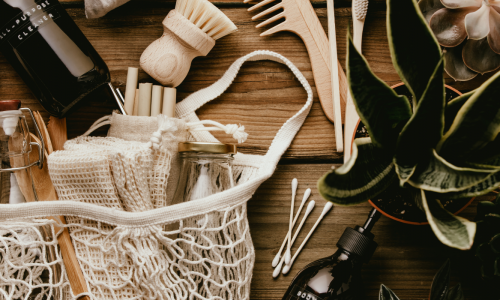 Flat lay of eco-friendly household items including wooden brushes, reusable bottles, and natural fiber bags, accompanied by potted plants.
