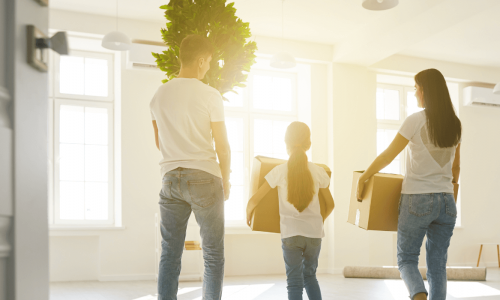 A family carrying boxes and a plant moves into a bright, sunlit room.